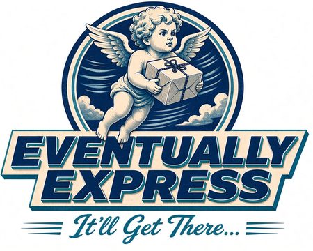 Eventually Express logo: a stern cherub carrying a tied parcel above the words Eventually Express. It'll Get There.